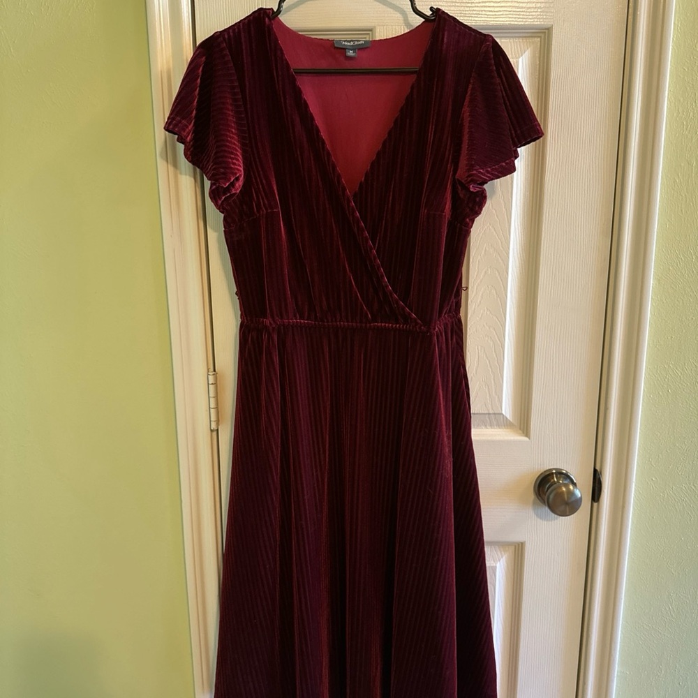 Modcloth Burgundy Velvet Midi Dress with Flutter Sleeves